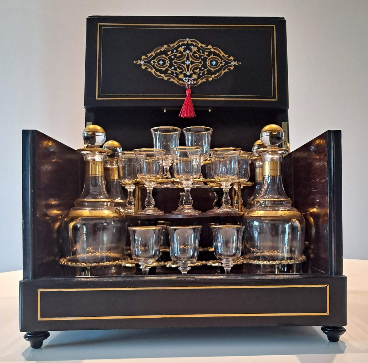 Napoleon III Liqueur Cellar In Blackened Wood Complete Glassware