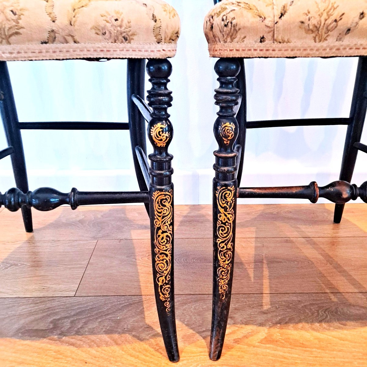 Pair Of Napoleon III Upholstered Chairs In Blackened Wood With Gilded Decoration, Original 19th Century-photo-2