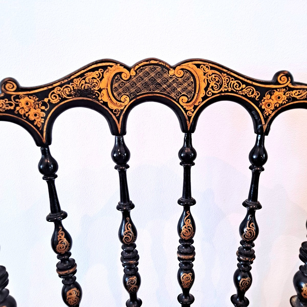 Pair Of Napoleon III Upholstered Chairs In Blackened Wood With Gilded Decoration, Original 19th Century-photo-3