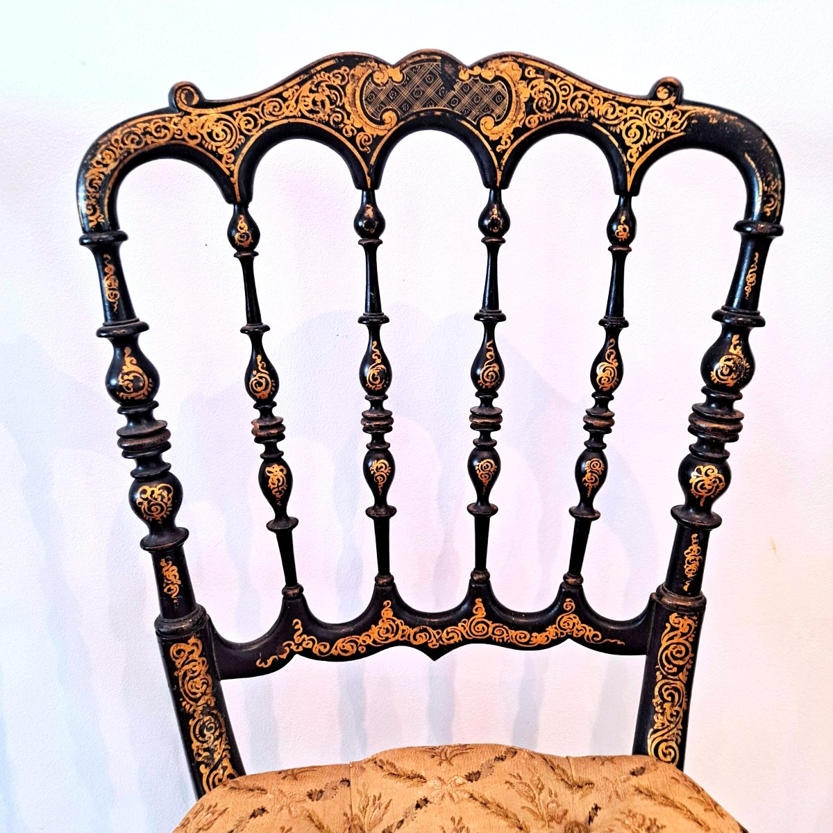 Pair Of Napoleon III Upholstered Chairs In Blackened Wood With Gilded Decoration, Original 19th Century-photo-4