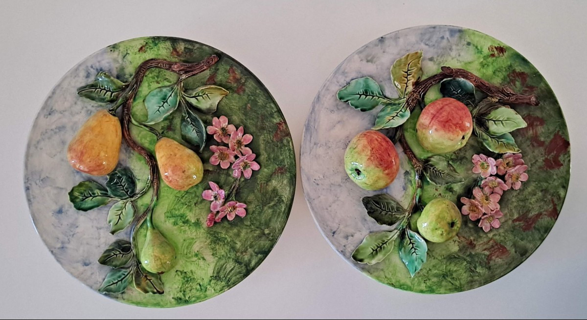 Pair Of Longchamp Barbotine Dishes With Pear And Apple Decorations