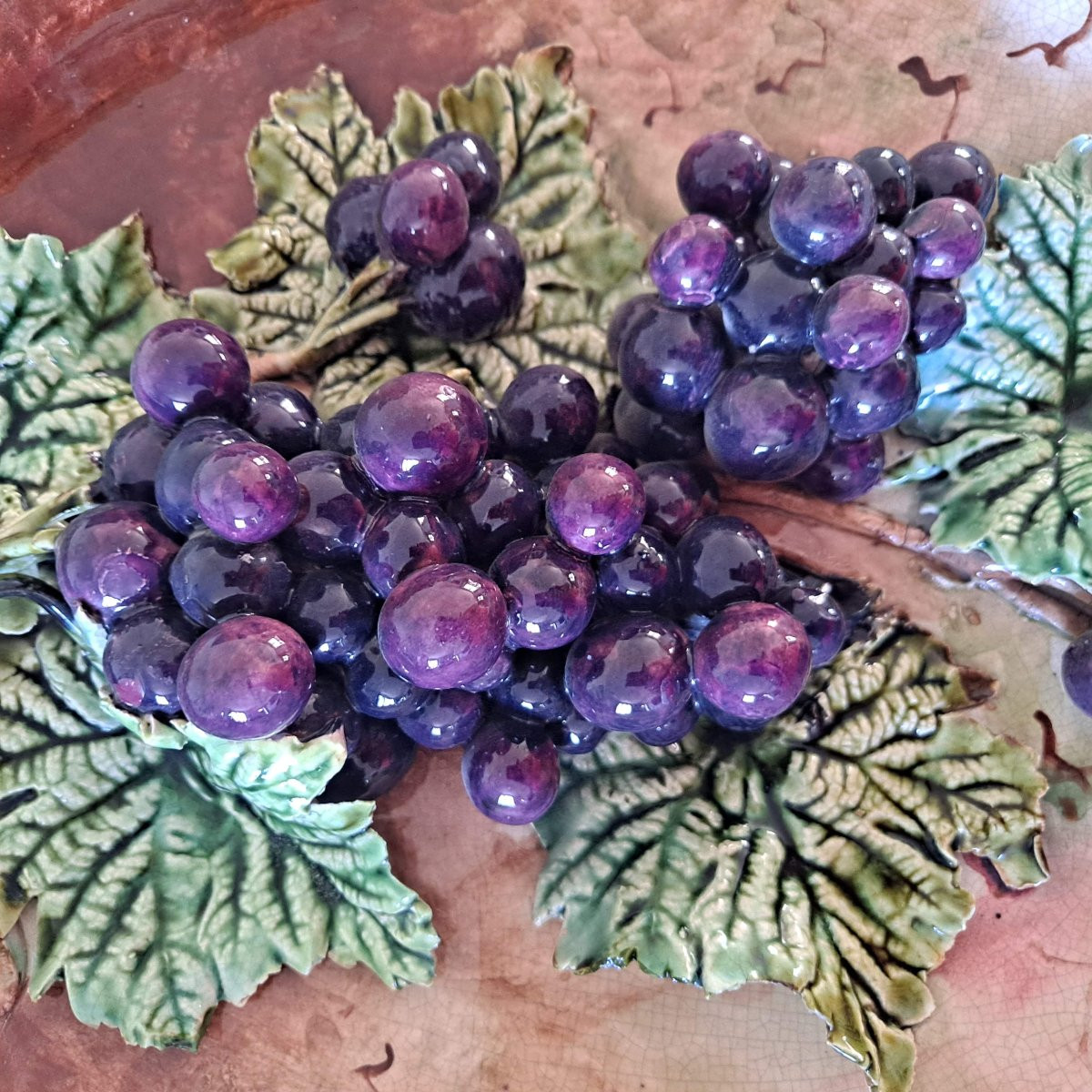 Decorative Dish In Barbotine Decorated With A Bunch Of Grapes And Vine Leaves-photo-2