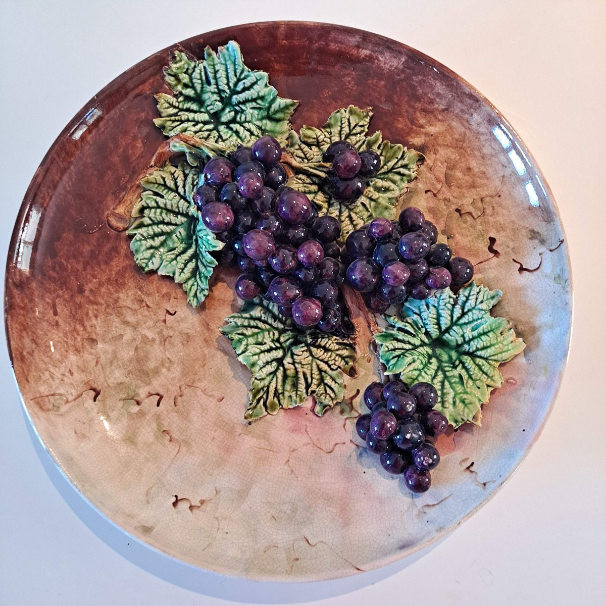 Decorative Dish In Barbotine Decorated With A Bunch Of Grapes And Vine Leaves-photo-3