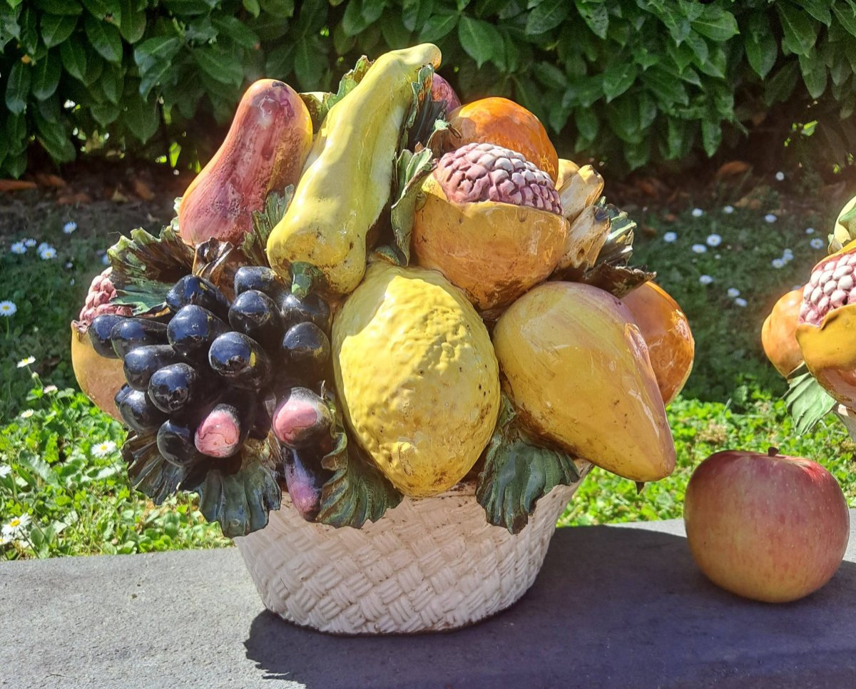 Pair Of Fruit Bowls In Italian Barbotine-photo-3