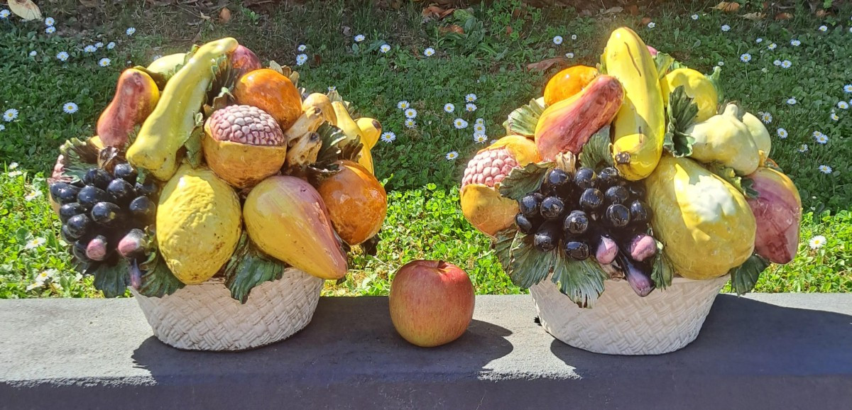 Pair Of Fruit Bowls In Italian Barbotine