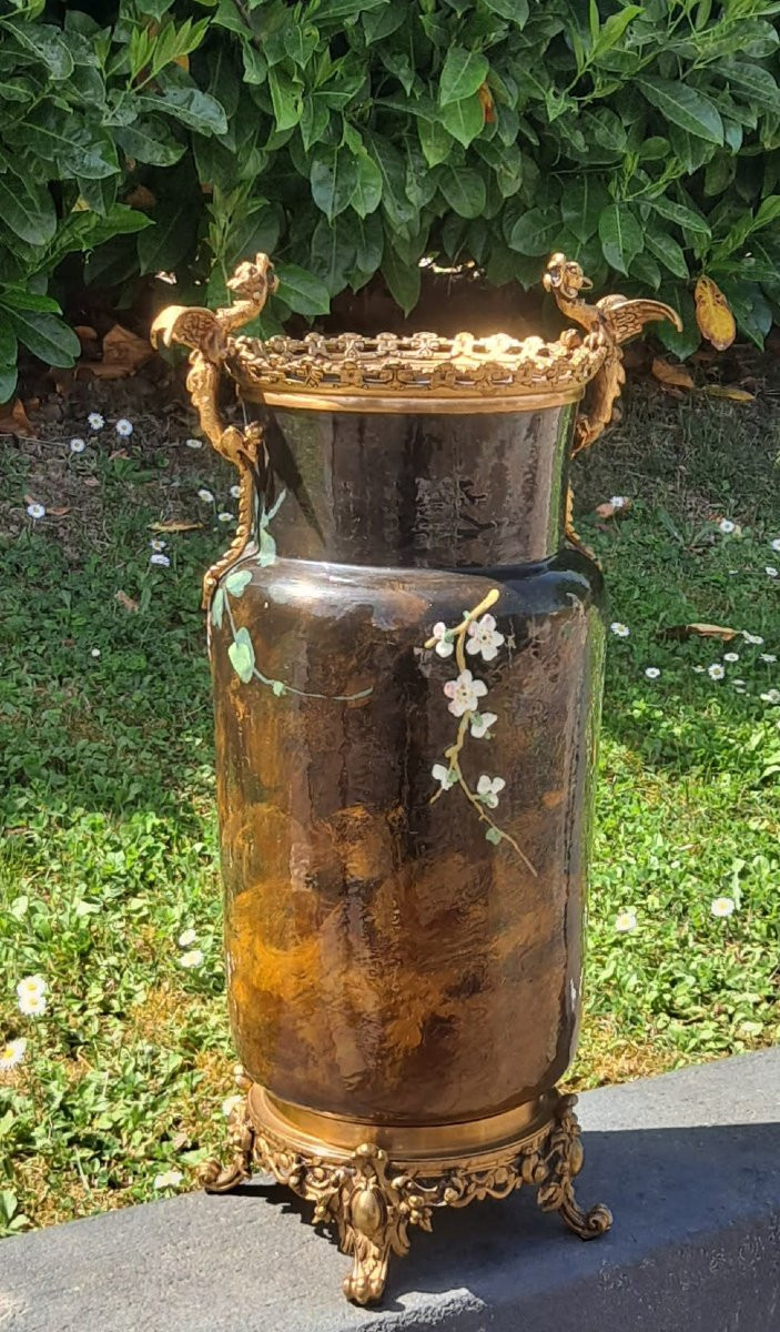 Grand vase céramique monture bronze décor signé ELLIG-photo-1