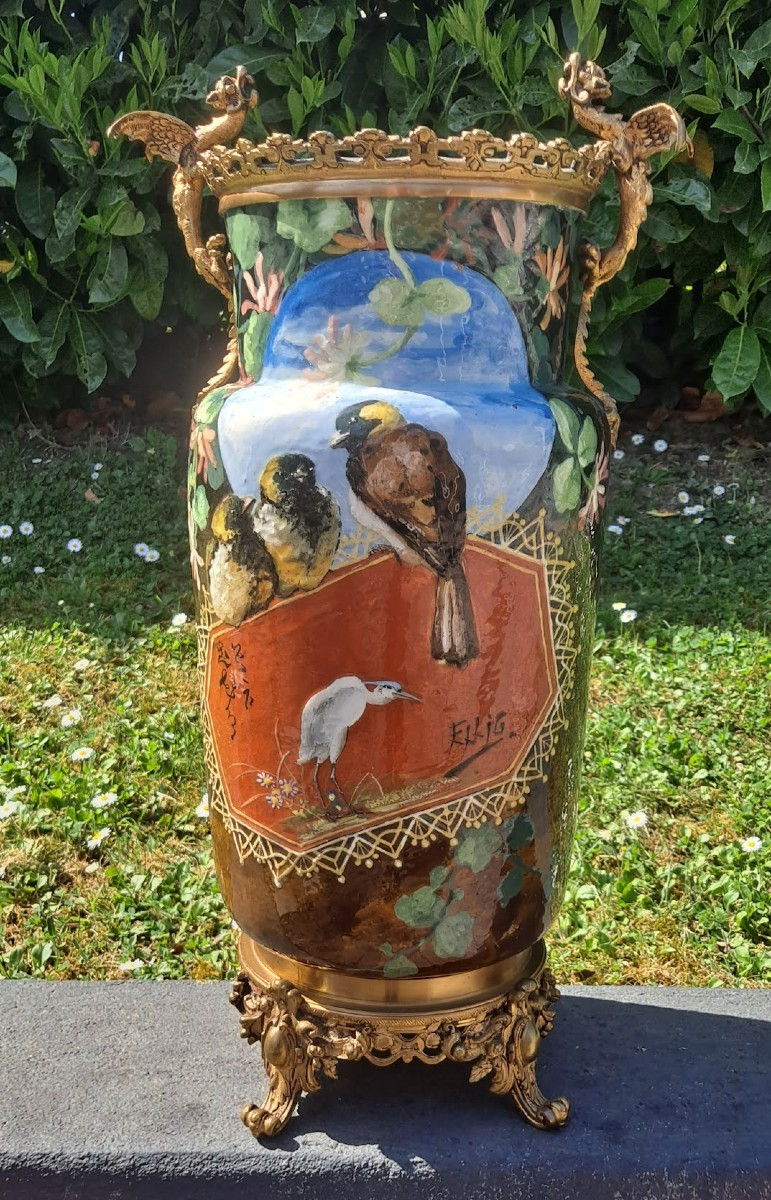 Grand vase céramique monture bronze décor signé ELLIG