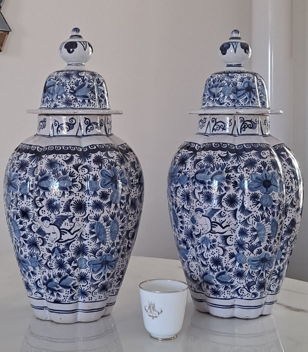 Pair Of Delft Earthenware Covered Vases 19th Century-photo-2