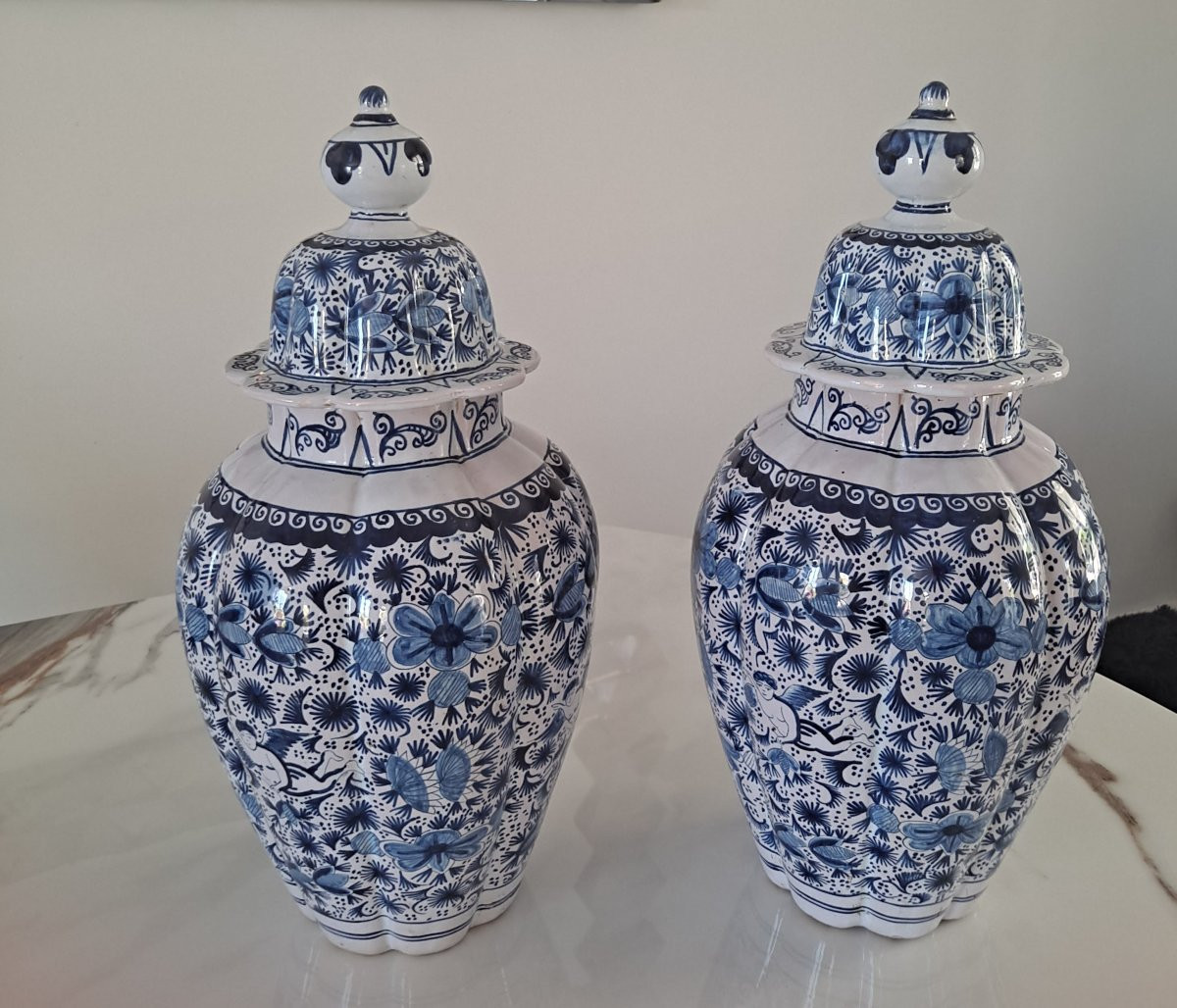 Pair Of Delft Earthenware Covered Vases 19th Century-photo-1