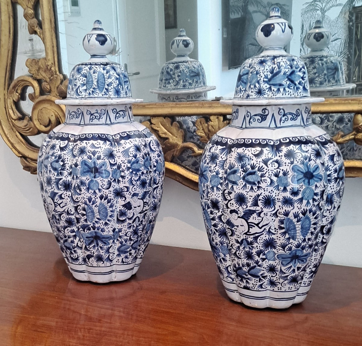 Pair Of Delft Earthenware Covered Vases 19th Century