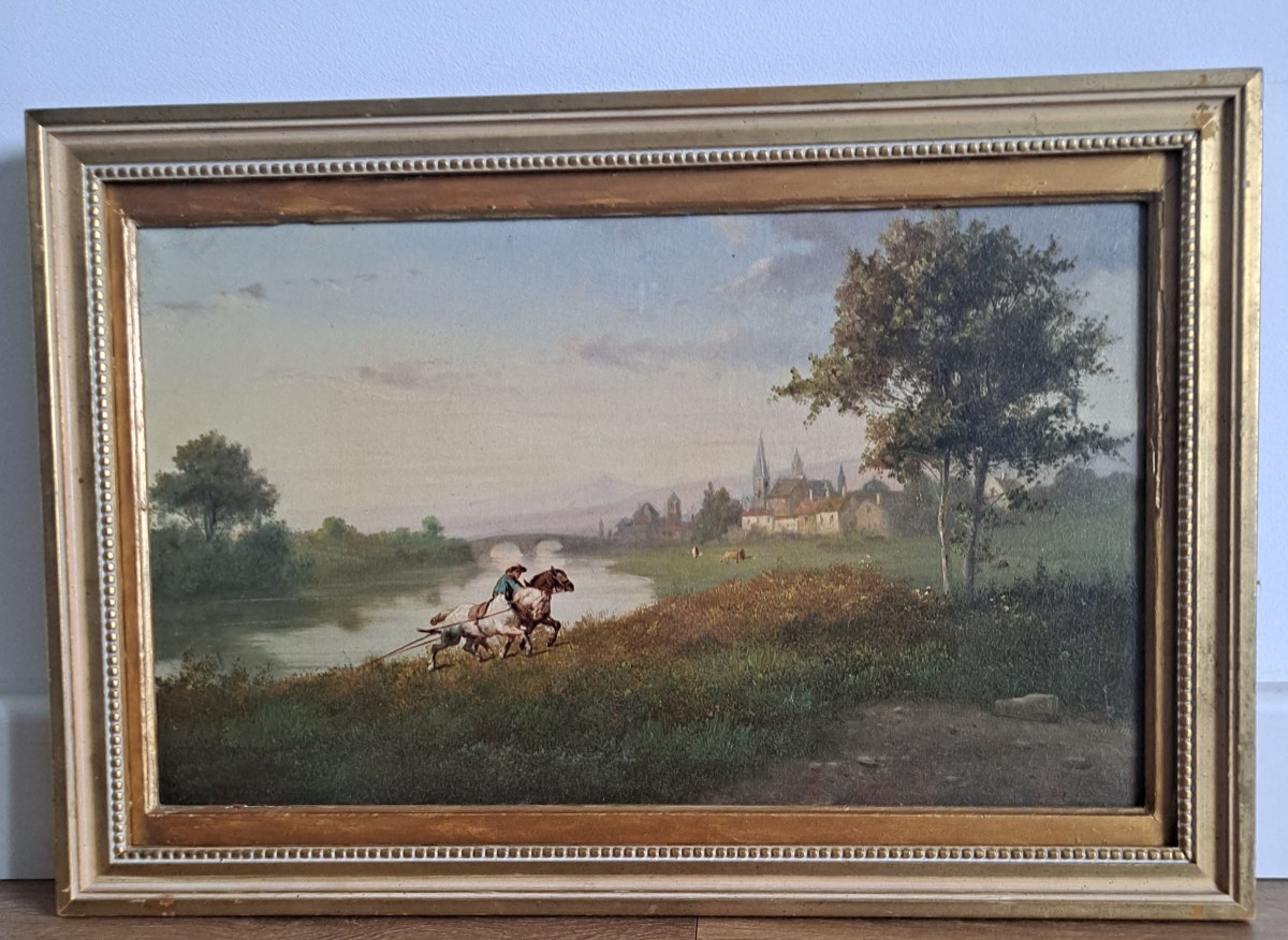 Huile sur toile XIXème Scène "le long du chemin de hallage" par A. DENAIN 