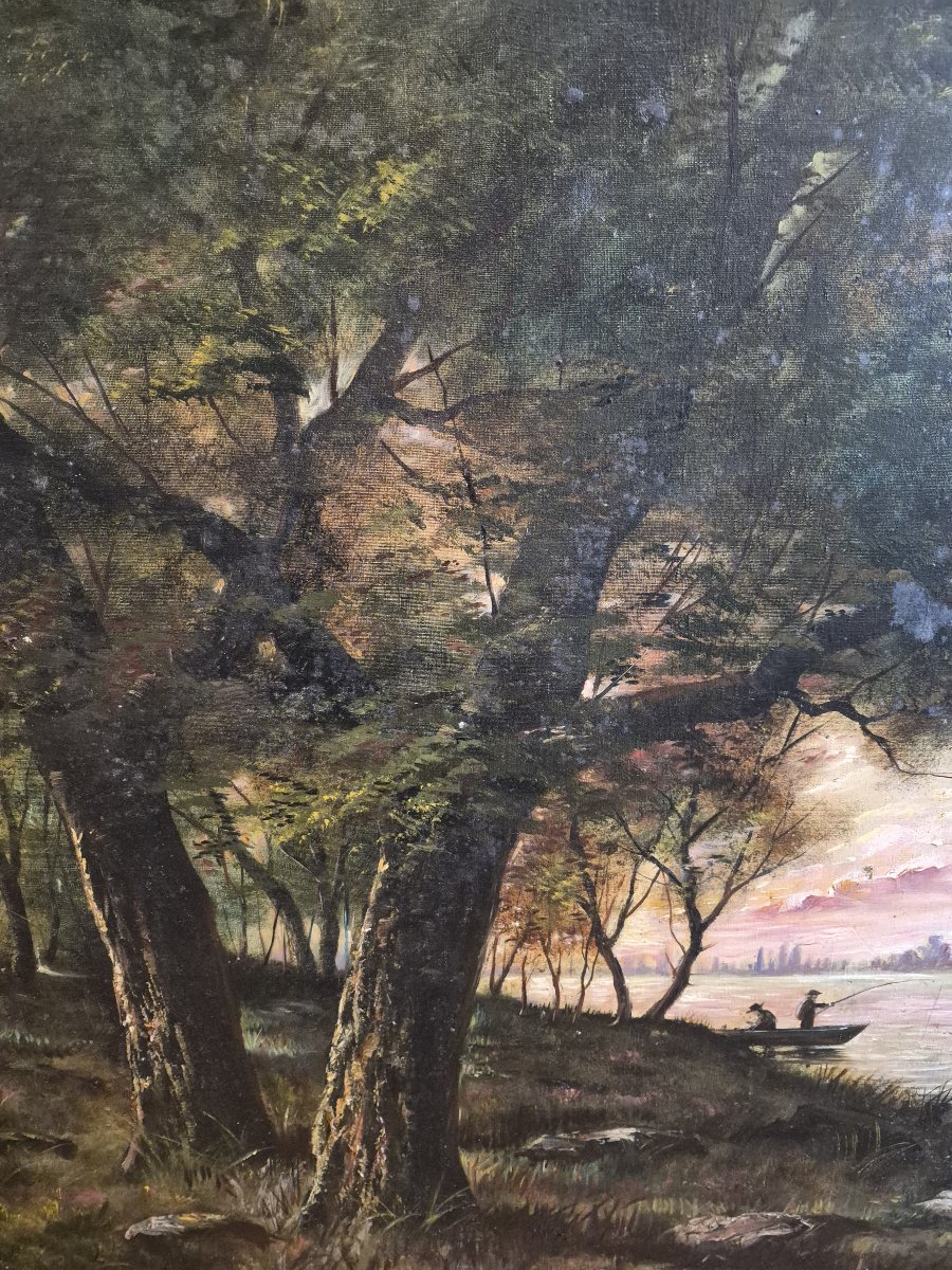 Lakeside Landscape With Fishermen At Dusk 19th Century-photo-2
