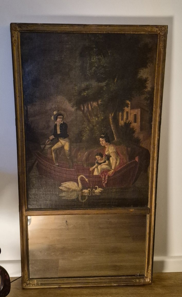 Trumeau début XIXème promenade en barque personnages et cygnes