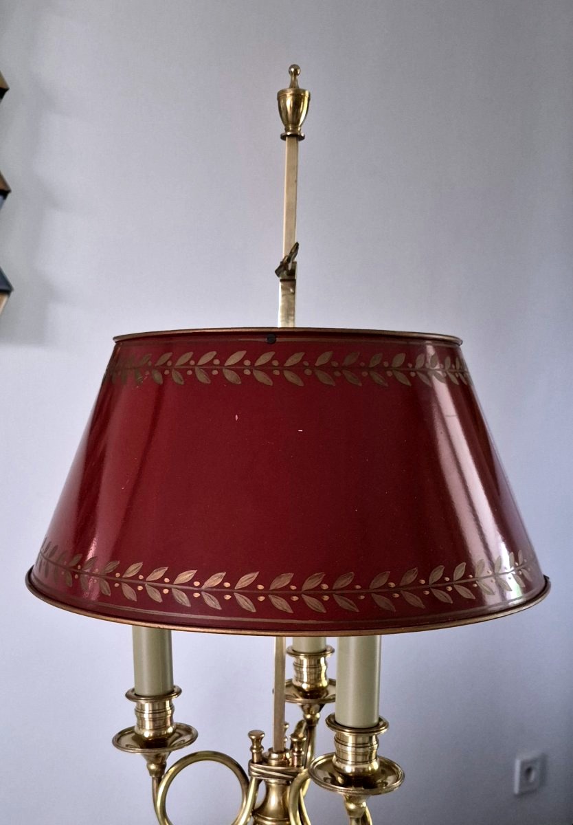 Hot Water Bottle Lamp With Hunting Horns And A Red Lampshade-photo-2
