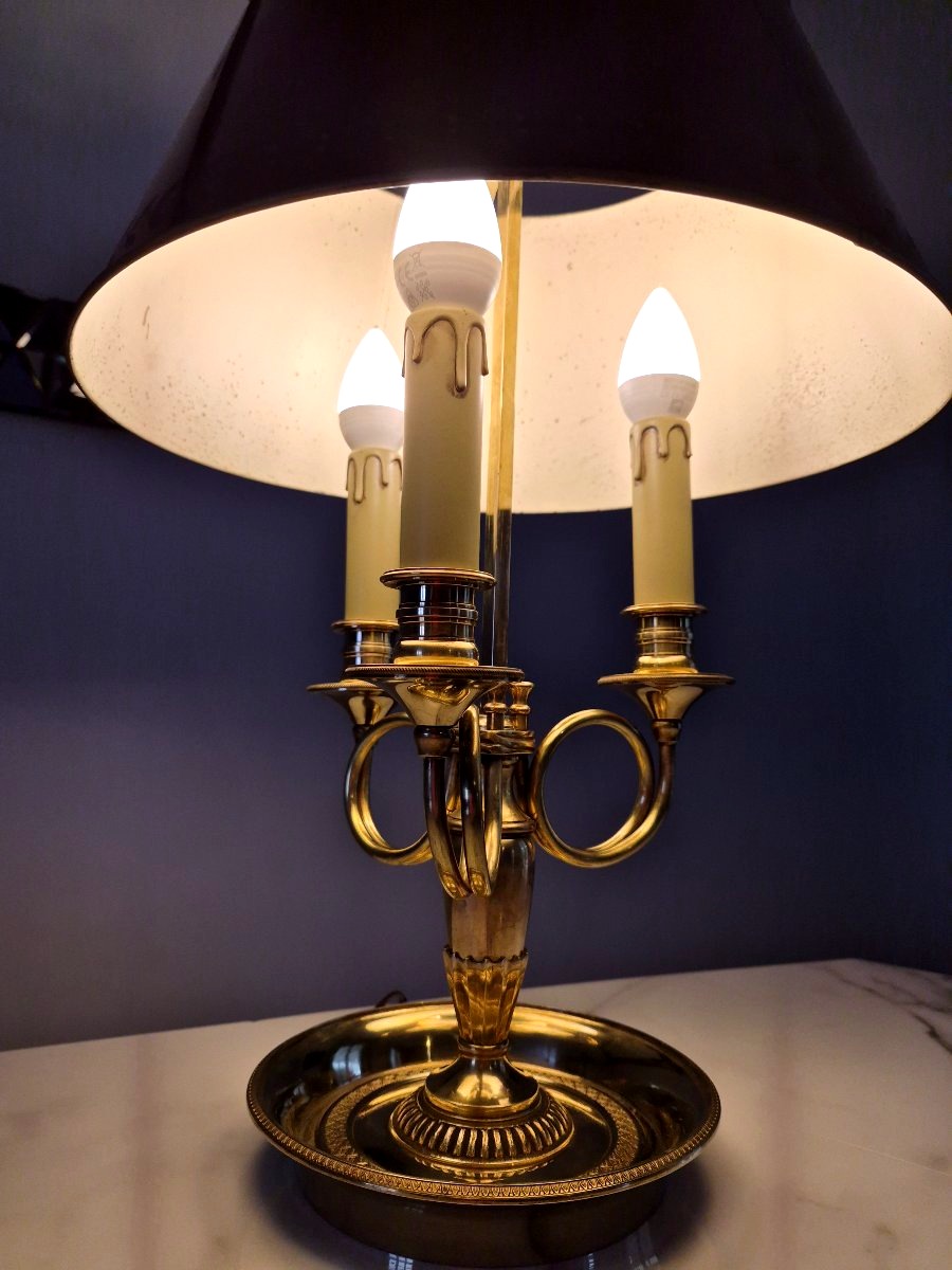 Hot Water Bottle Lamp With Hunting Horns And A Red Lampshade-photo-1