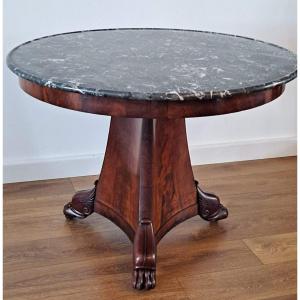 Restoration Pedestal Table Flamed Mahogany Veneer And Marble