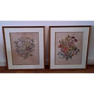 Paire de lithographies de fleurs Elisa Champin (Aquarelliste Française)