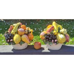 Pair Of Fruit Bowls In Italian Barbotine