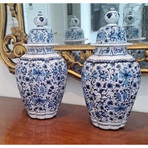 Pair Of Delft Earthenware Covered Vases 19th Century