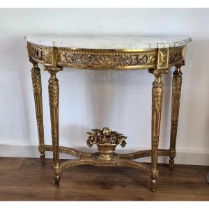 Half-moon Console In Gilded Wood With Marble Top 19th Century