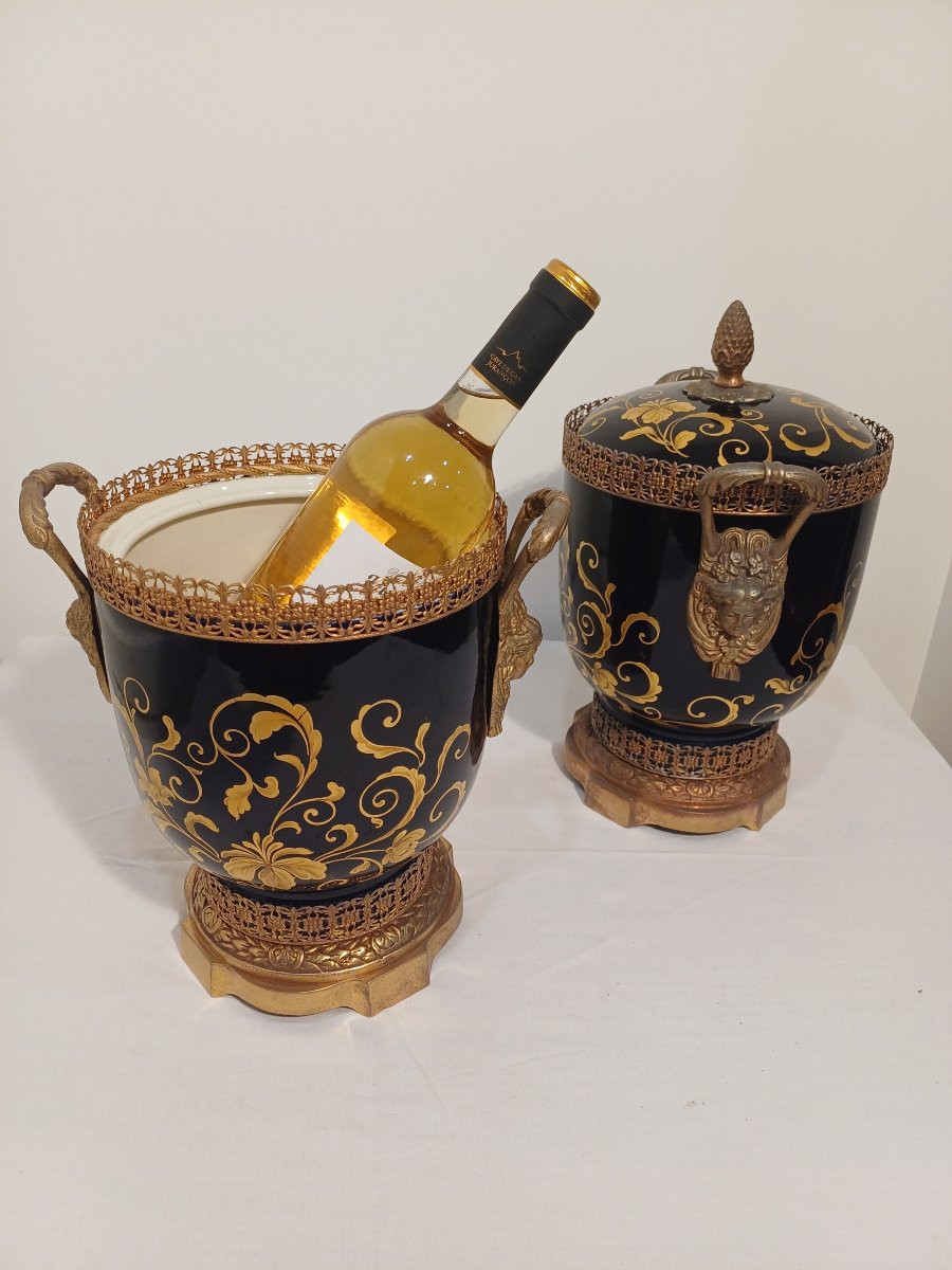 Paire de Sceaux à glaces et bouteilles en porcelaine  et bronze-photo-6