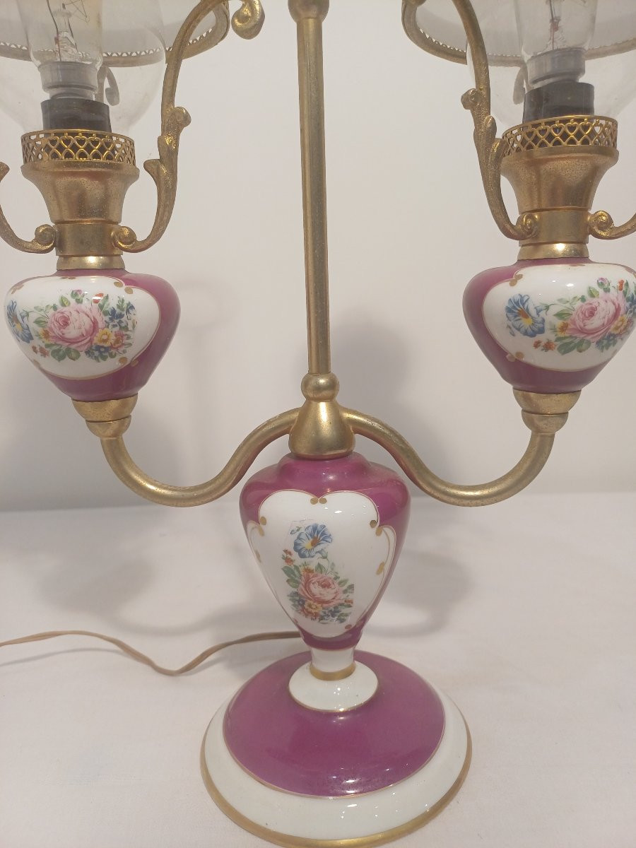 Lampe en Porcelaine et Opaline à 2 feux-photo-2