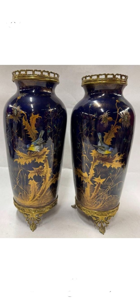 Enamelled Ceramic Vases With Enamelled Bird Decoration
