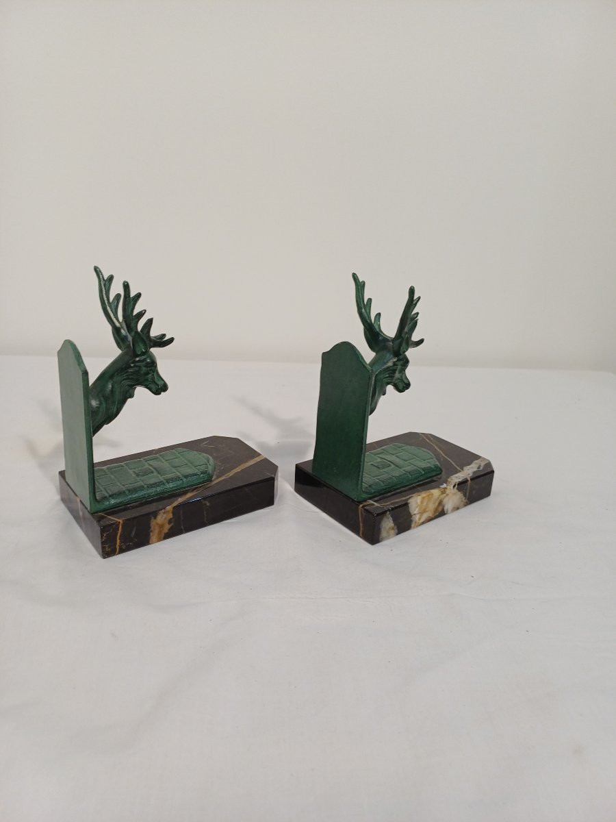 Serres livres en régule et marbre à tête de Cerf-photo-1