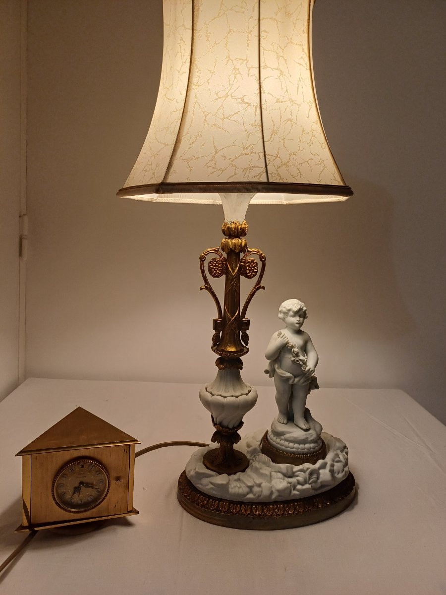 Bronze And Biscuit Lamp With Cherub Sculpture -photo-4