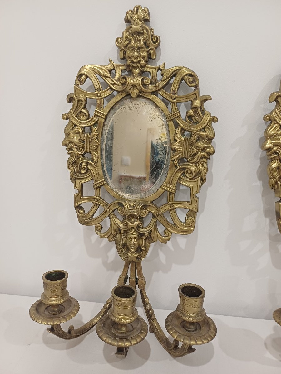 Louis XV Style 3-light Bronze Mirror Wall Lights-photo-2