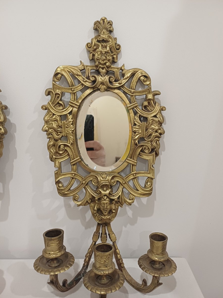 Louis XV Style 3-light Bronze Mirror Wall Lights-photo-3