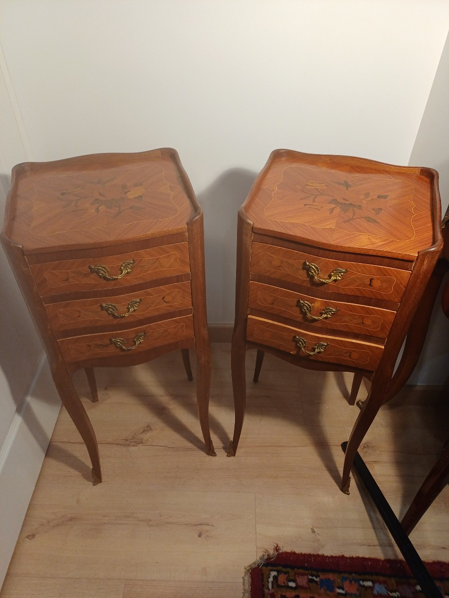  Marquetry Bedside Tables With 3 Drawers