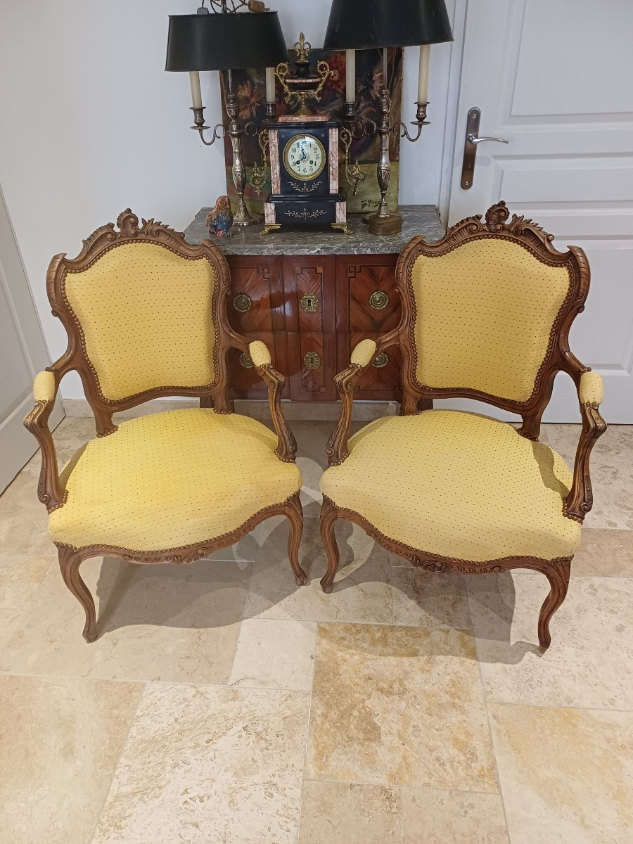 Pair Of Natural Wood Armchairs With Armrests 