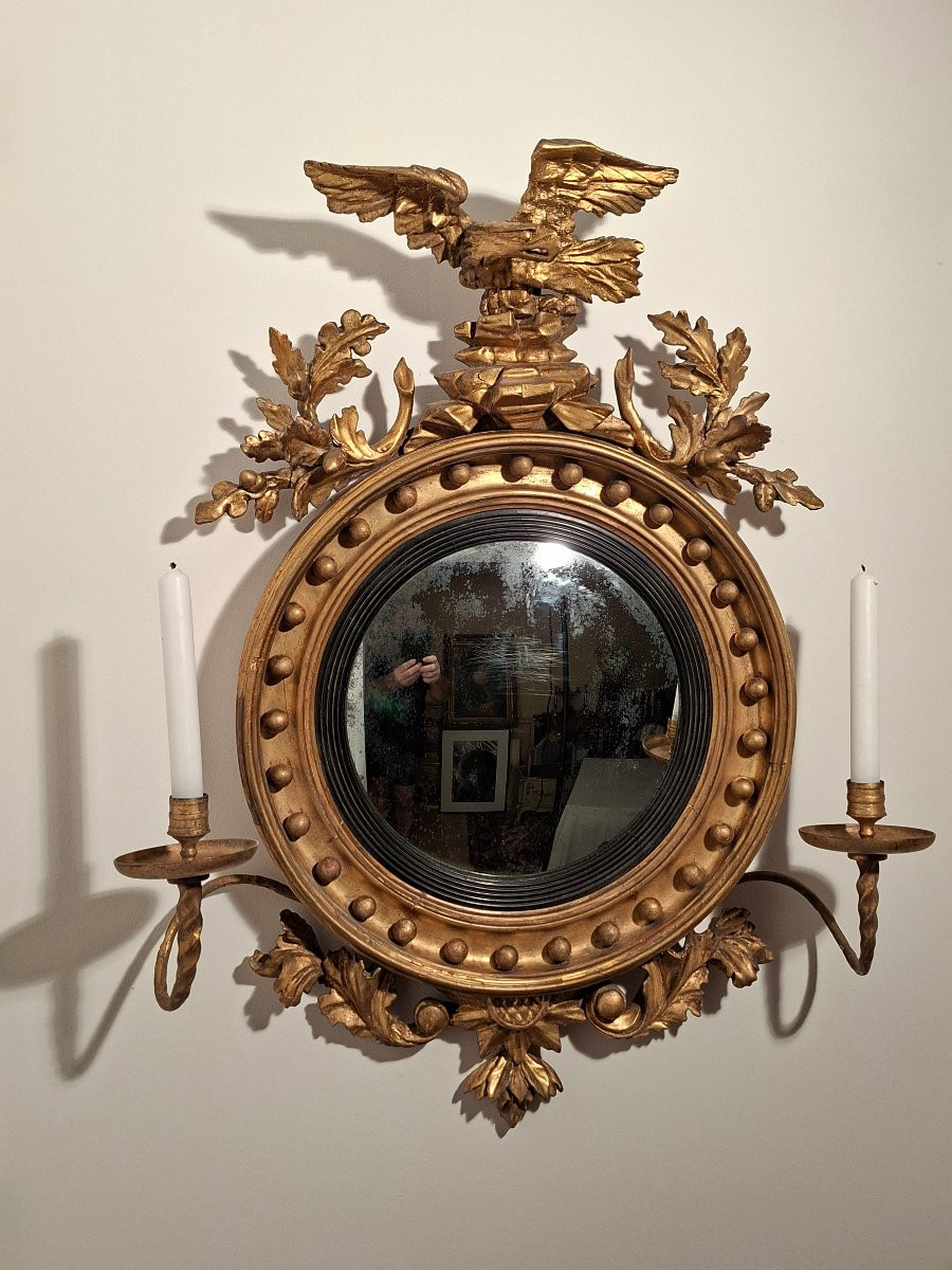 Miroir dit de Sorcière en bois Doré surmonté d'un Aigle-photo-4