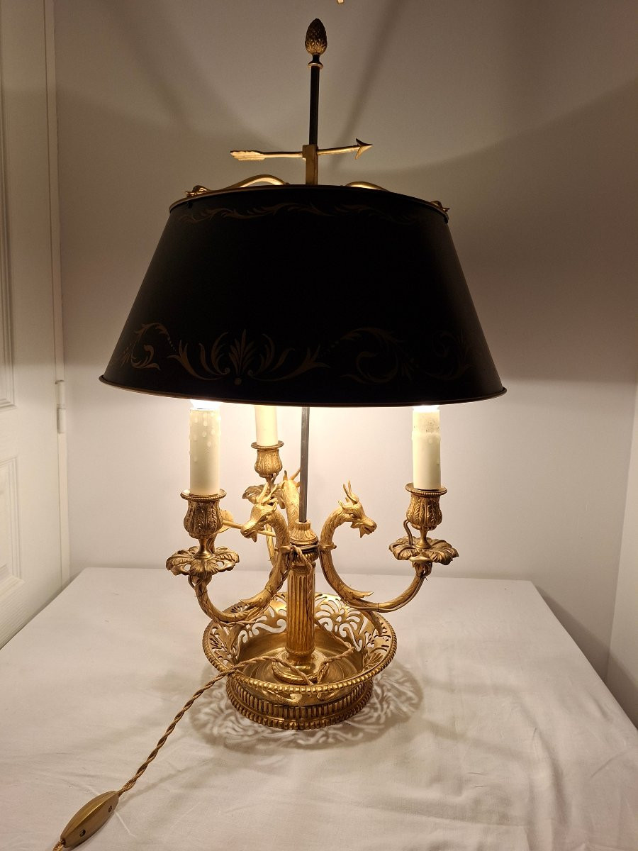 Lampe Bouillotte à  3 lumières en Bronze Doré à Têtes de Bélier style Louis XVI-photo-4