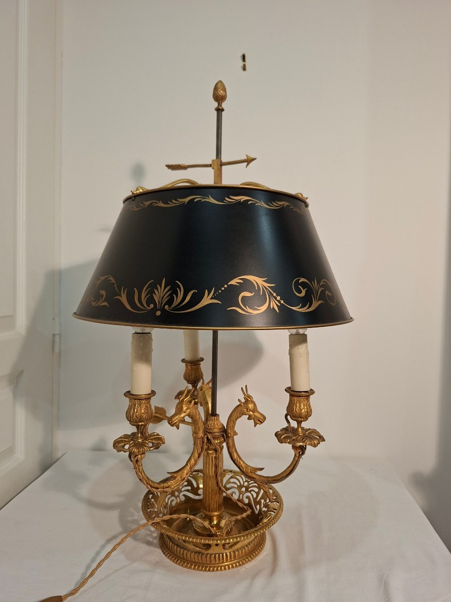 Lampe Bouillotte à  3 lumières en Bronze Doré à Têtes de Bélier style Louis XVI