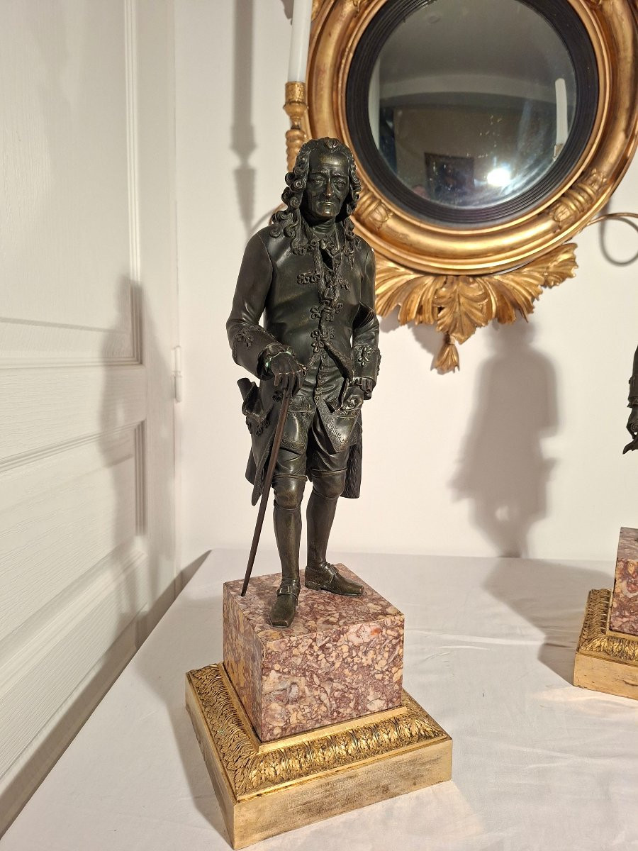 Voltaire et Rousseau en Pied , Bronzes à Patines  Brune époque 18ieme  Louis XVI-photo-2