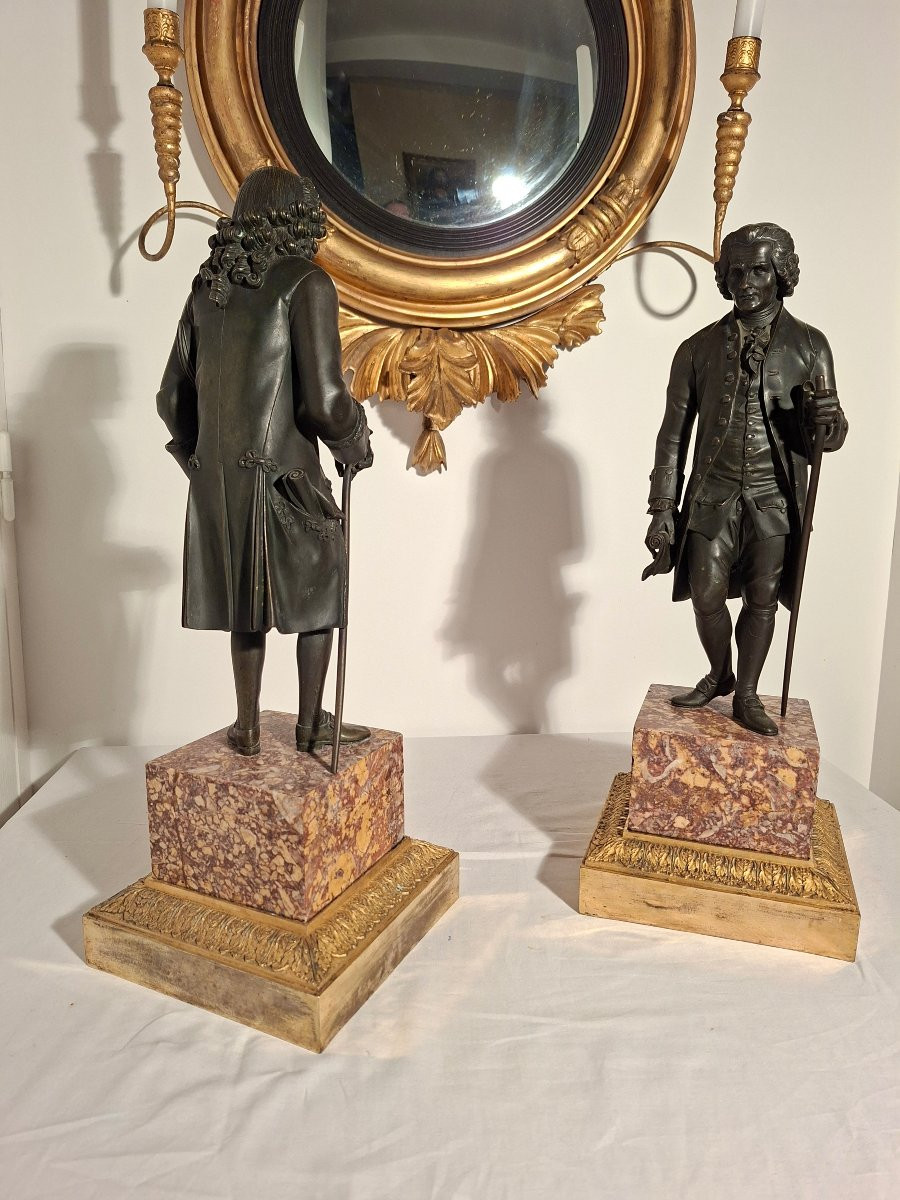 Voltaire et Rousseau en Pied , Bronzes à Patines  Brune époque 18ieme  Louis XVI-photo-2