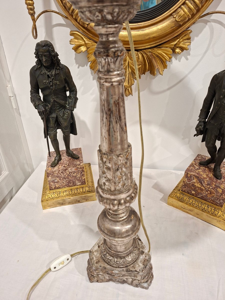 Silver-plated Wooden Candle Holder Mounted As A Lamp-photo-4