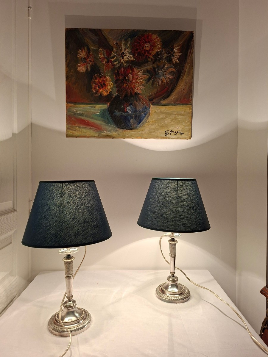 Paire de Lampes Bougeoirs en Métal Argenté 