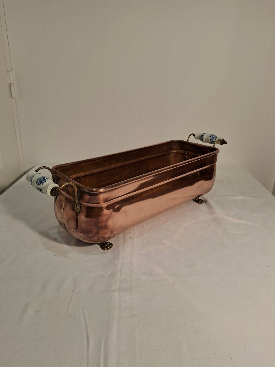 Rose Copper Planter With Decorated Porcelain Handles 