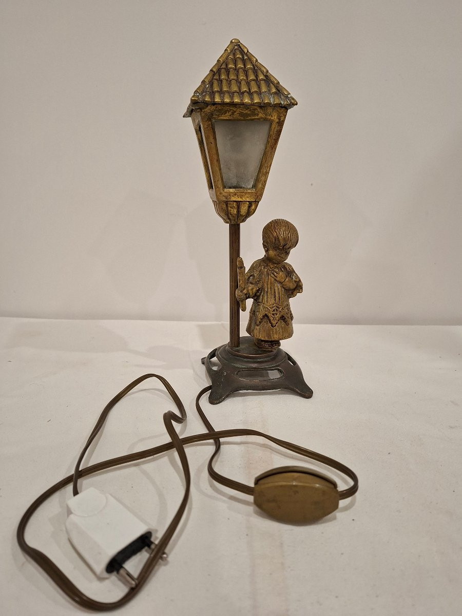  Bronze Floor Lamp And Child With Torch In Two Patinas -photo-4