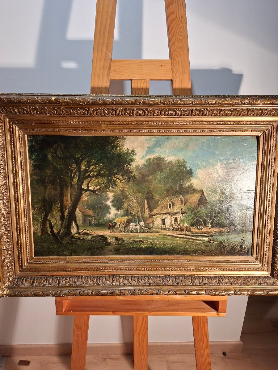 Tableaux , Paire d' Huiles sur Bois  , le Hameau et la Traversée du Marécage -photo-3