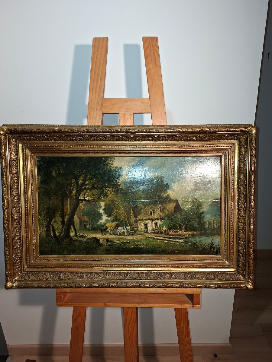 Tableaux , Paire d' Huiles sur Bois  , le Hameau et la Traversée du Marécage -photo-4