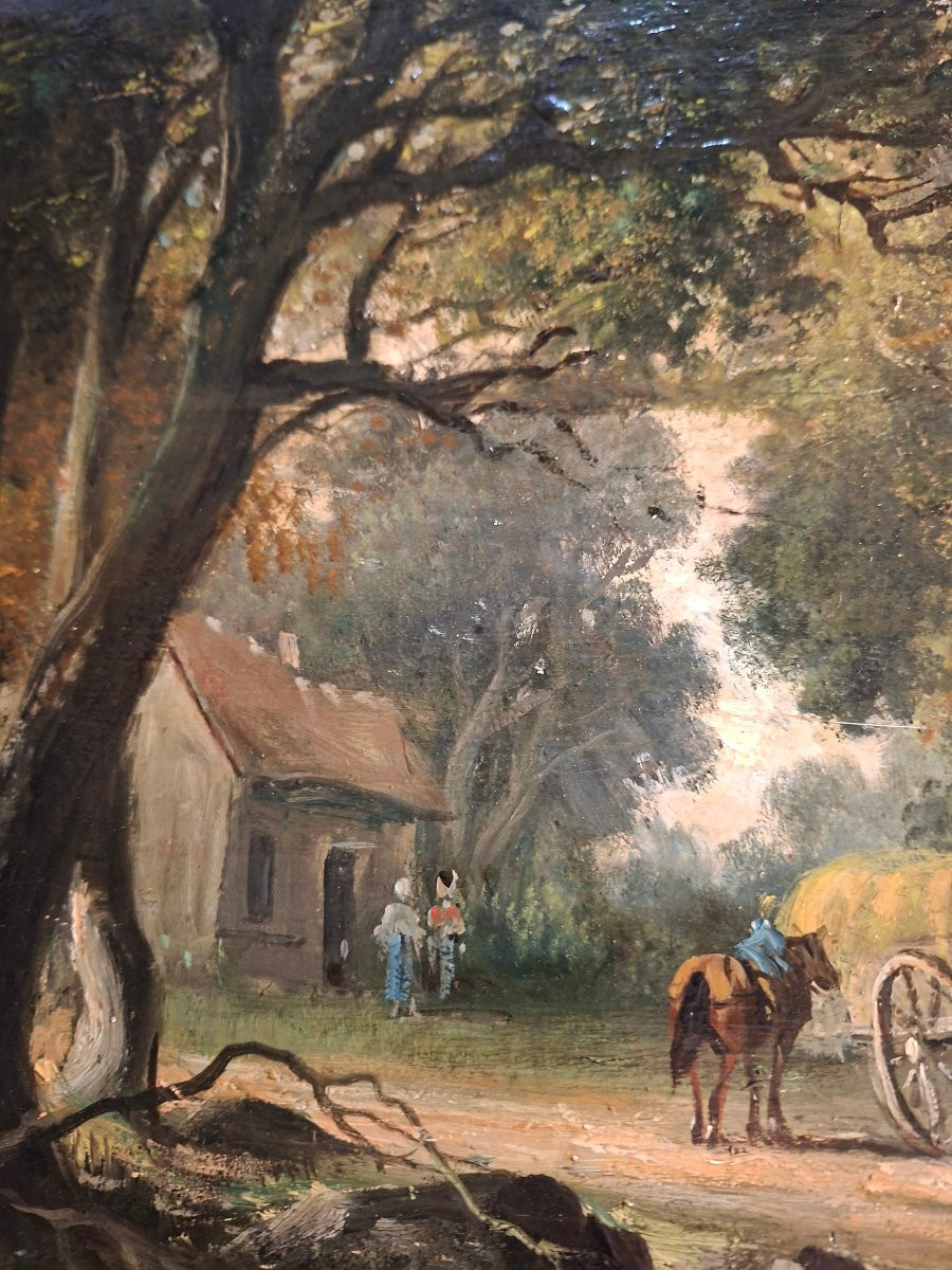 Tableaux , Paire d' Huiles sur Bois  , le Hameau et la Traversée du Marécage -photo-5