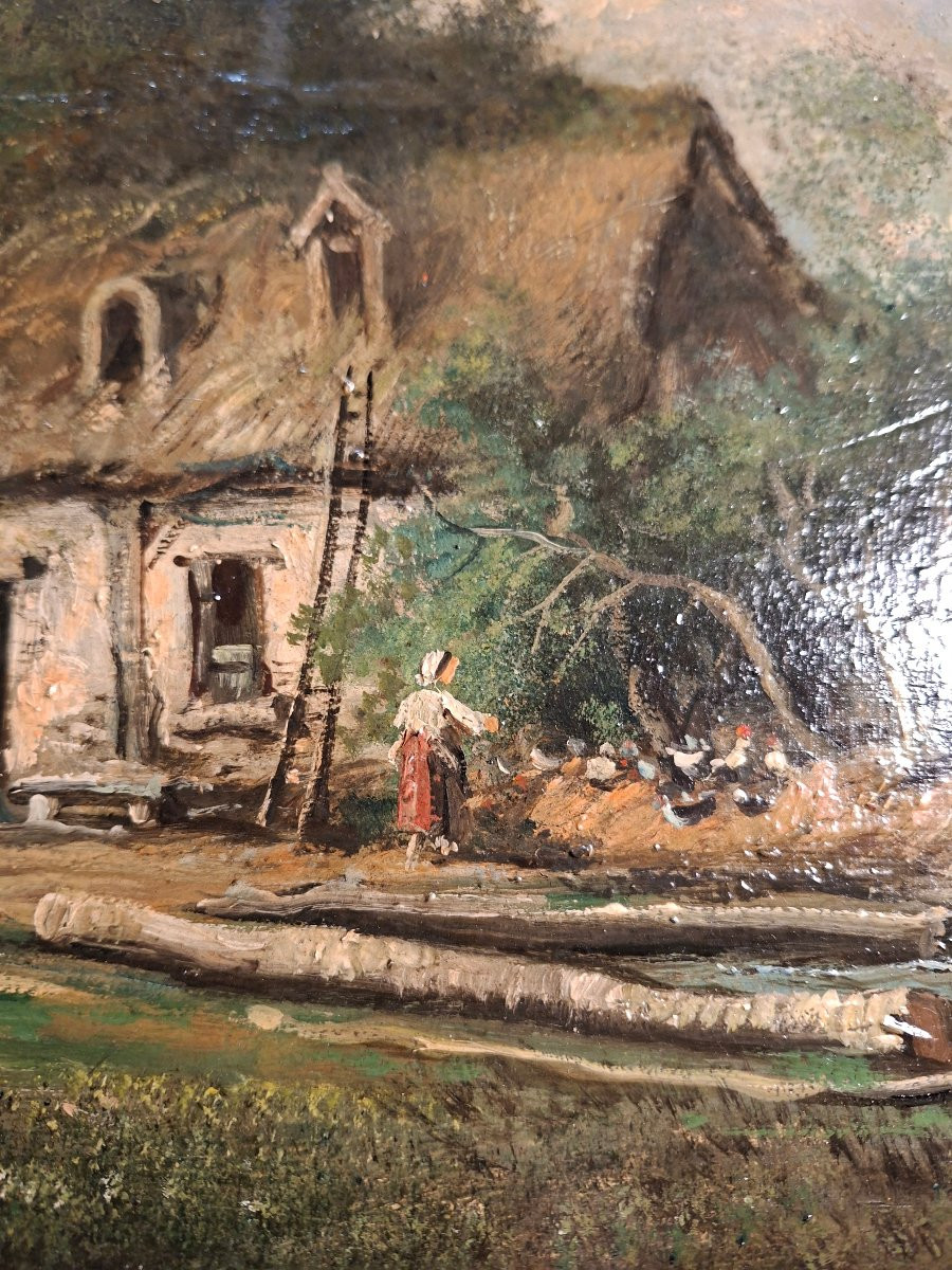 Tableaux , Paire d' Huiles sur Bois  , le Hameau et la Traversée du Marécage -photo-6