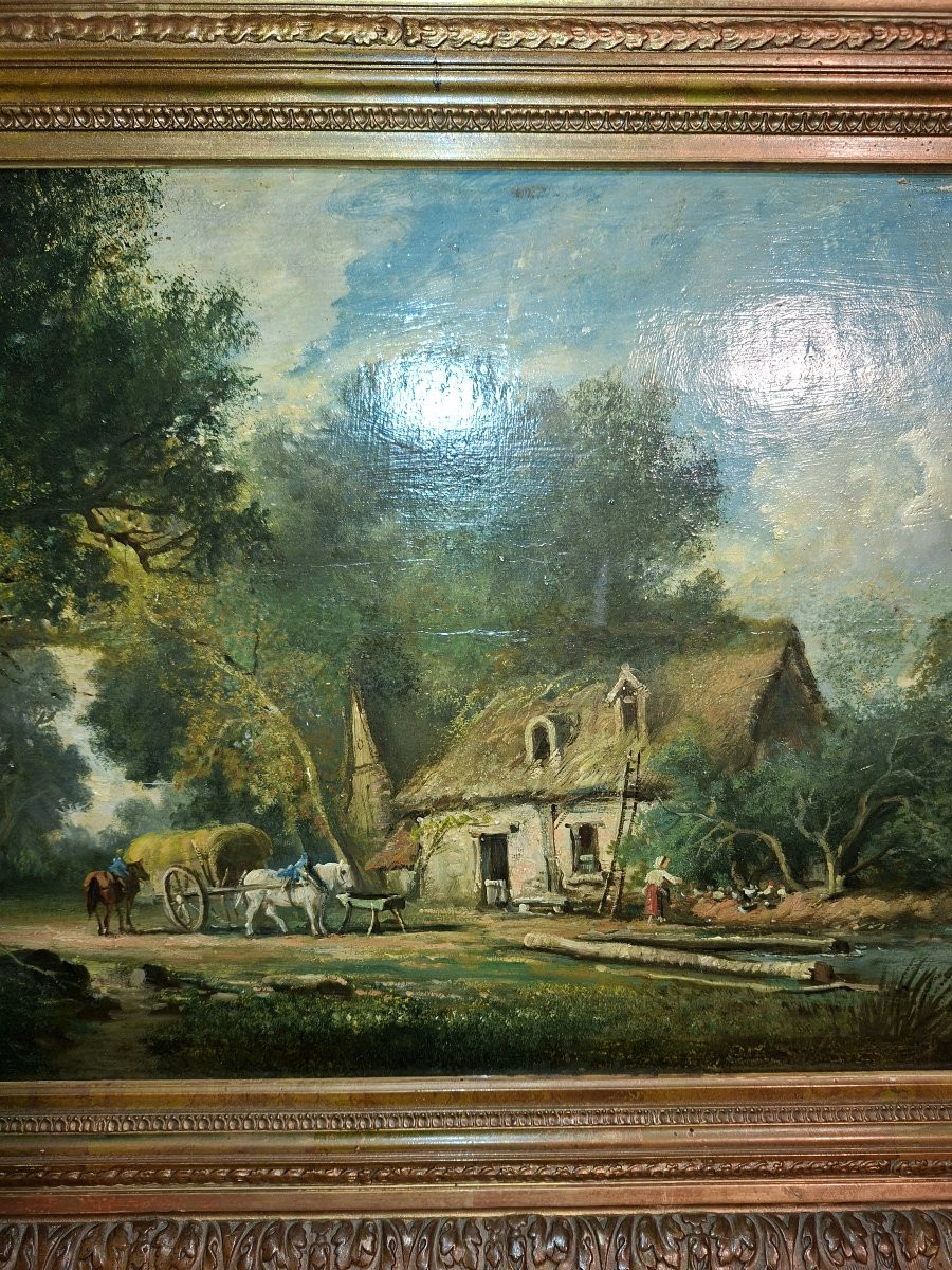 Tableaux , Paire d' Huiles sur Bois  , le Hameau et la Traversée du Marécage -photo-7