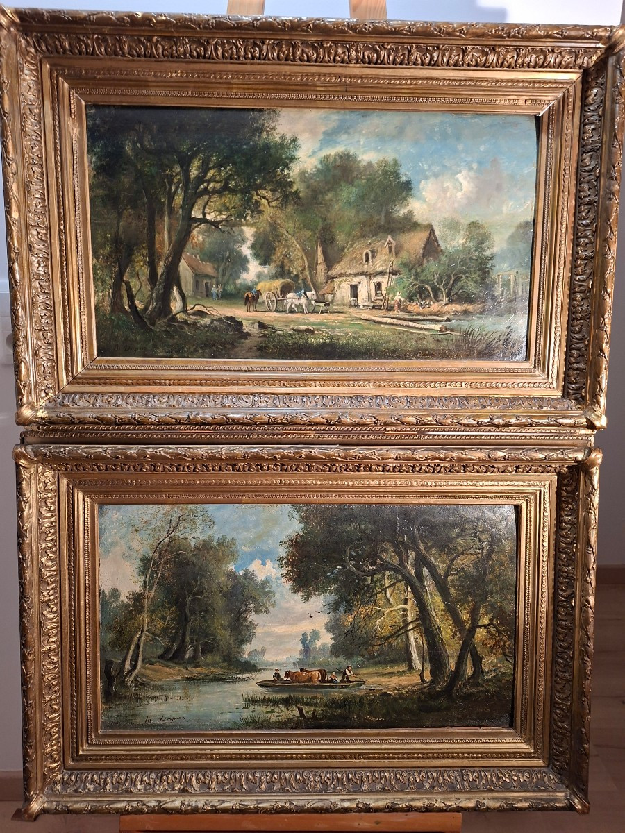 Tableaux , Paire d' Huiles sur Bois  , le Hameau et la Traversée du Marécage 