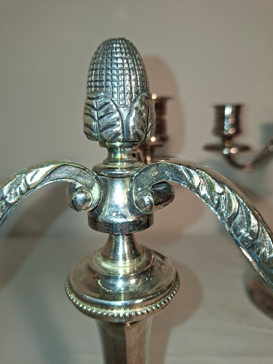 Paire de Chandeliers/ Candélabres en Metal Argenté à 3 Lumieres-photo-4