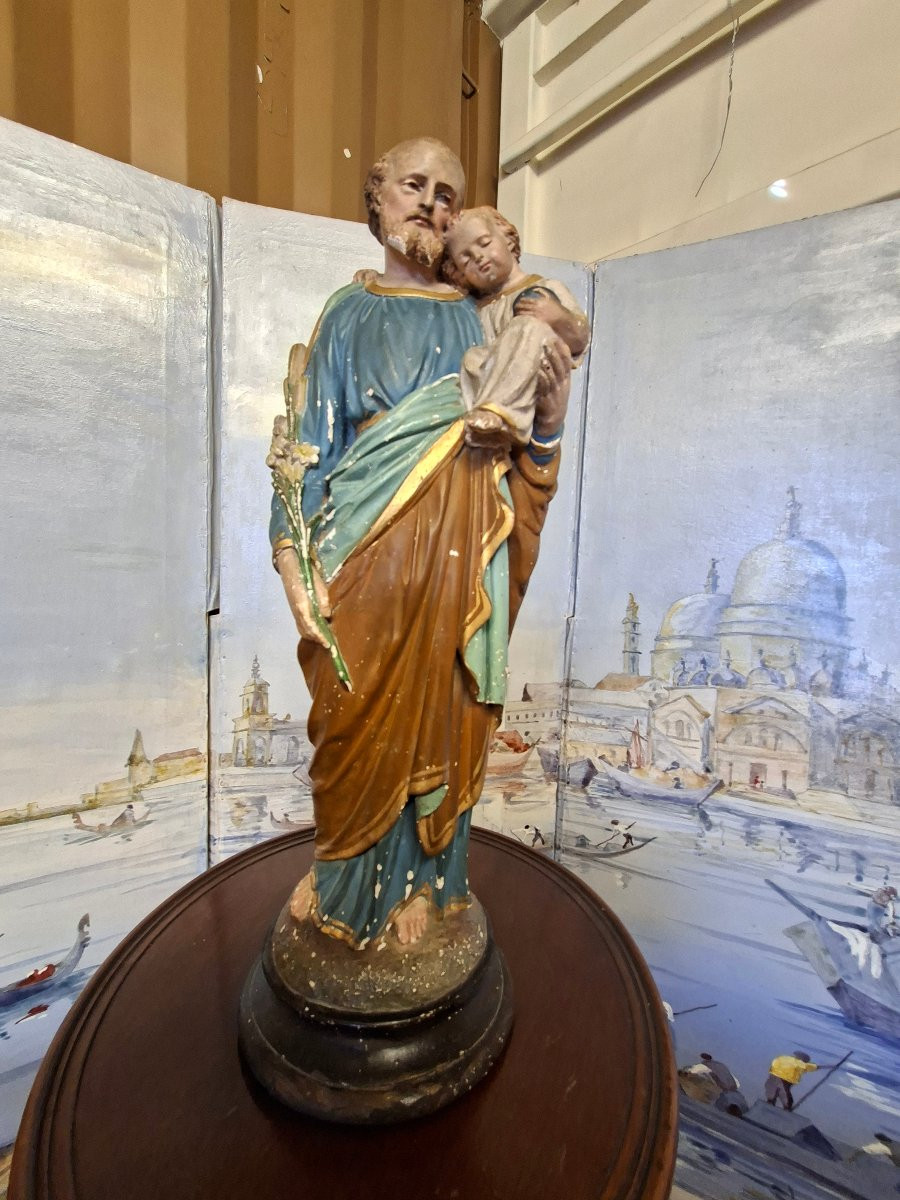 Statue Joseph et l'Enfant Jésus en plâtre peint Polychrome .-photo-3